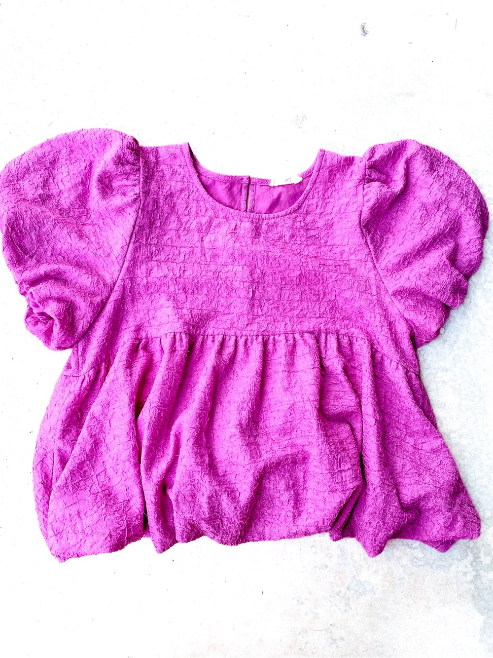 Entro L Fuchsia Textured Puff Sleeve Babydoll Peplum Blouse